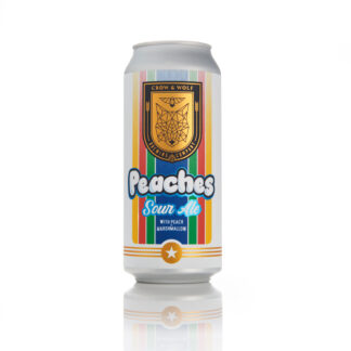 A Peaches Sour Ale can with a rainbow-striped Crow & Wolf label on a white background